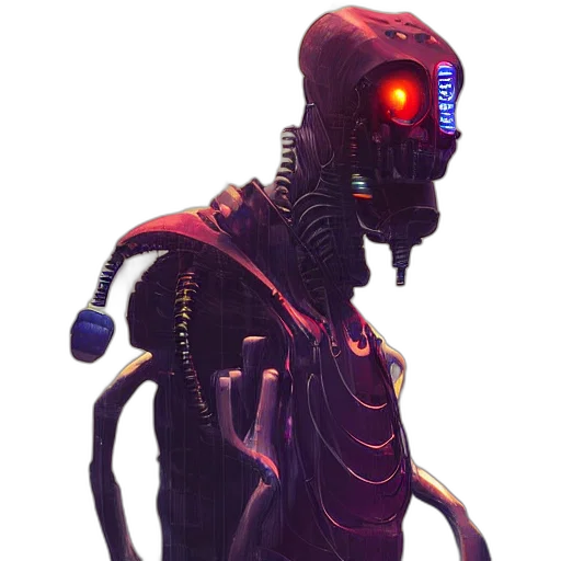 robot, creature, staff, cyberpunk transparent PNG cut-out