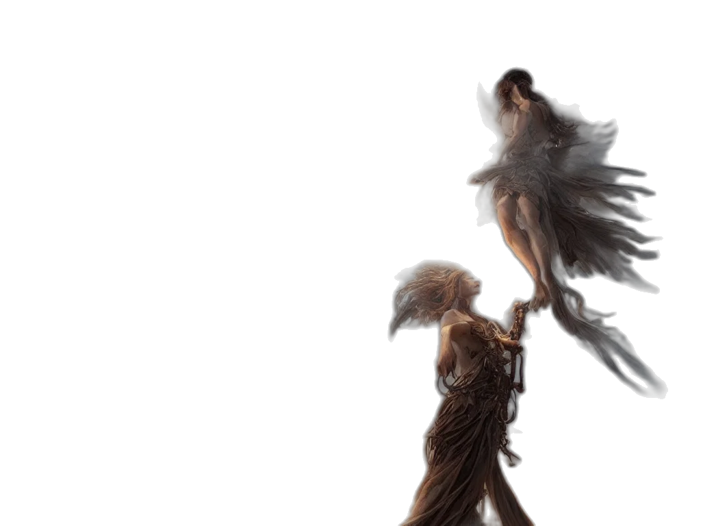 hair, dress, creature, staff transparent PNG cut-out