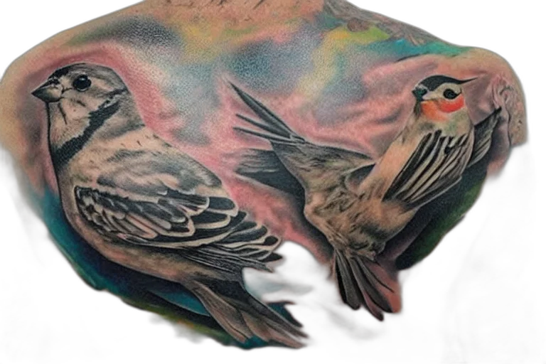 photorealistic, watercolor, three, sparrows transparent PNG cut-out