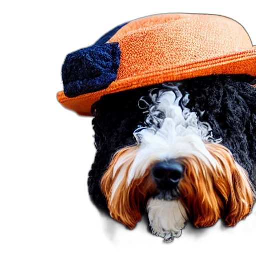 hat, photorealistic, bernedoodle, wearing transparent PNG cut-out