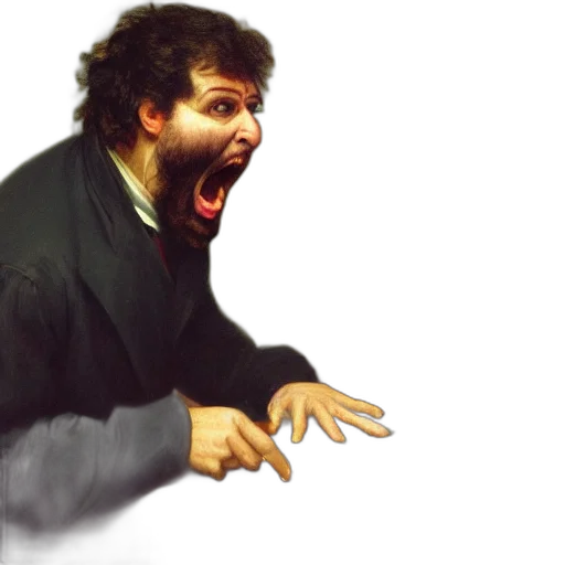 creature, face, jacket, staff transparent PNG cut-out
