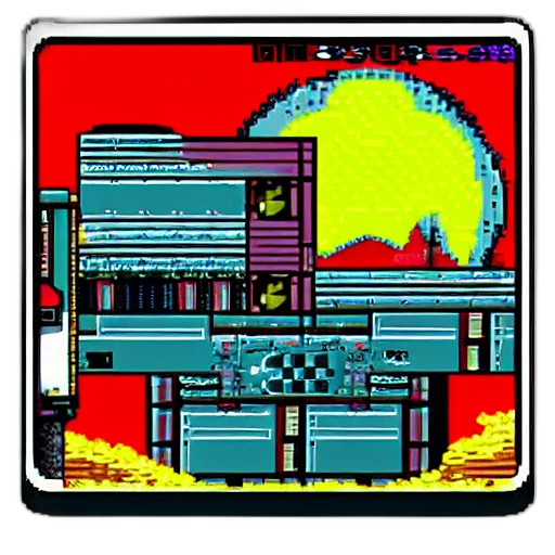 robot, building, pixel art, vaporwave transparent PNG cut-out