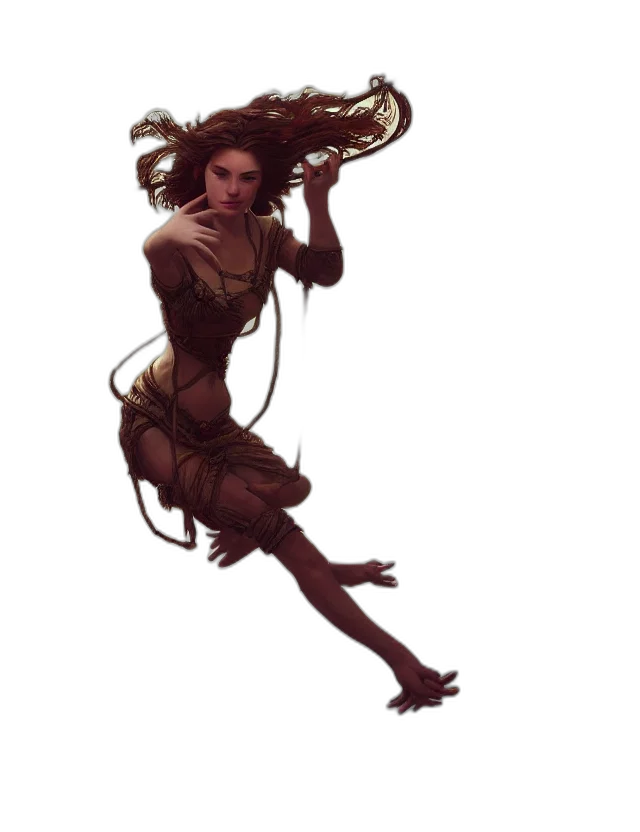 dress, hair, staff, creature transparent PNG cut-out