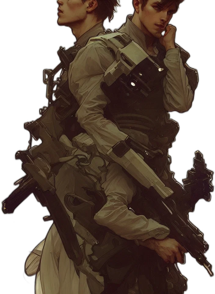 weapon, jacket, staff, face transparent PNG cut-out
