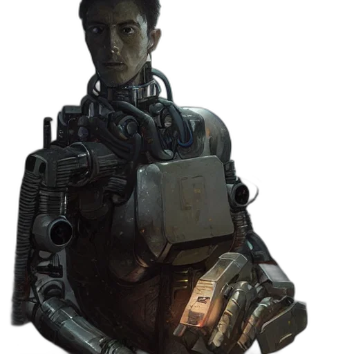 robot, jacket, face, weapon transparent PNG cut-out