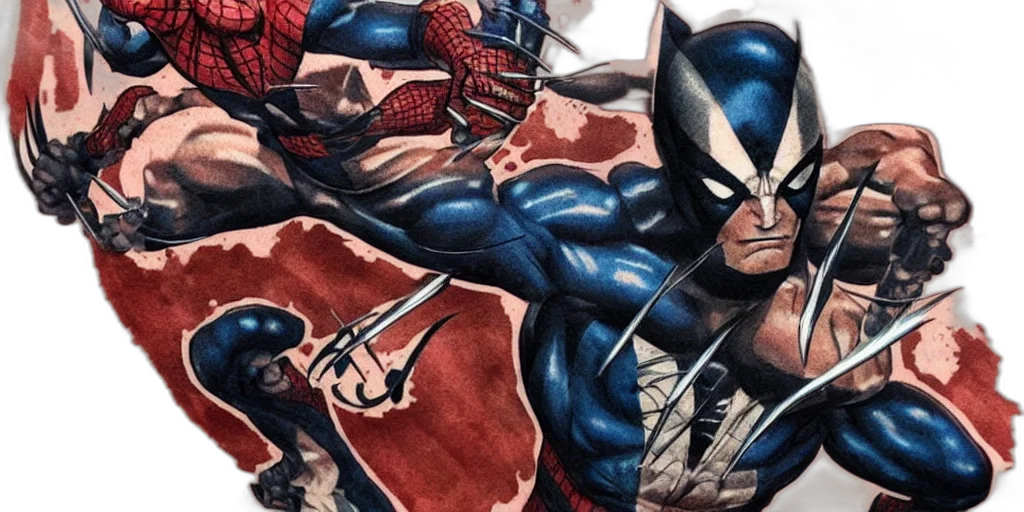comic book art, wolverine, fighting, spiderman transparent PNG cut-out