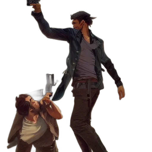 weapon, jacket, staff, hat transparent PNG cut-out