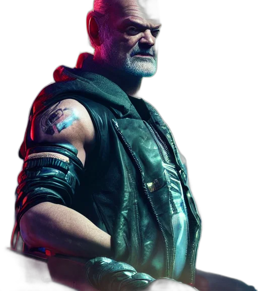 jacket, face, weapon, cyberpunk transparent PNG cut-out