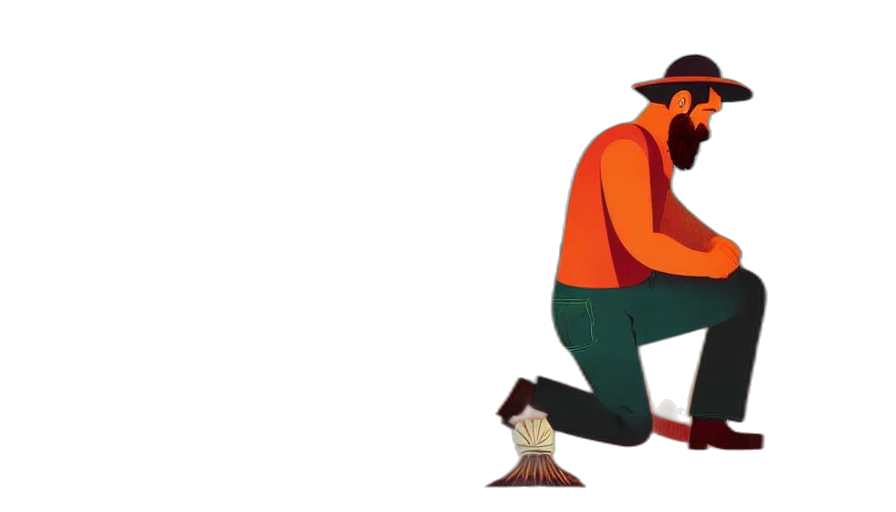 hat, concept art, farmer, kneeling transparent PNG cut-out