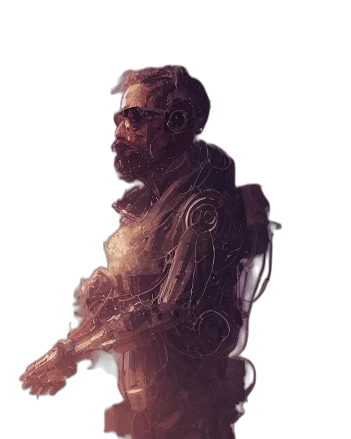 robot, jacket, weapon, staff transparent PNG cut-out