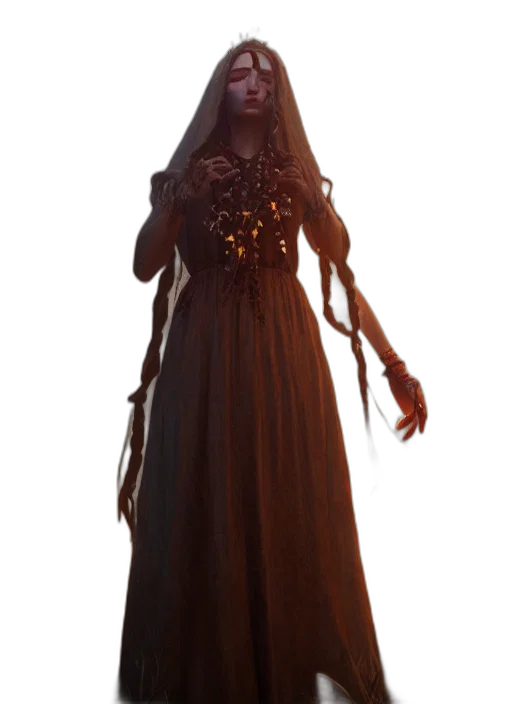 dress, staff, creature, hair transparent PNG cut-out