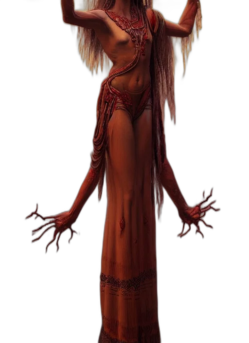 dress, hair, staff, creature transparent PNG cut-out