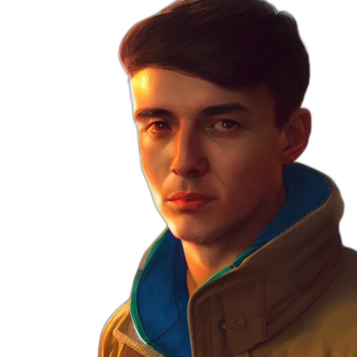 jacket, face, staff, photorealistic transparent PNG cut-out