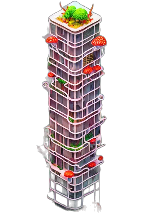building, 3d render, concept art, cyberpunk transparent PNG cut-out