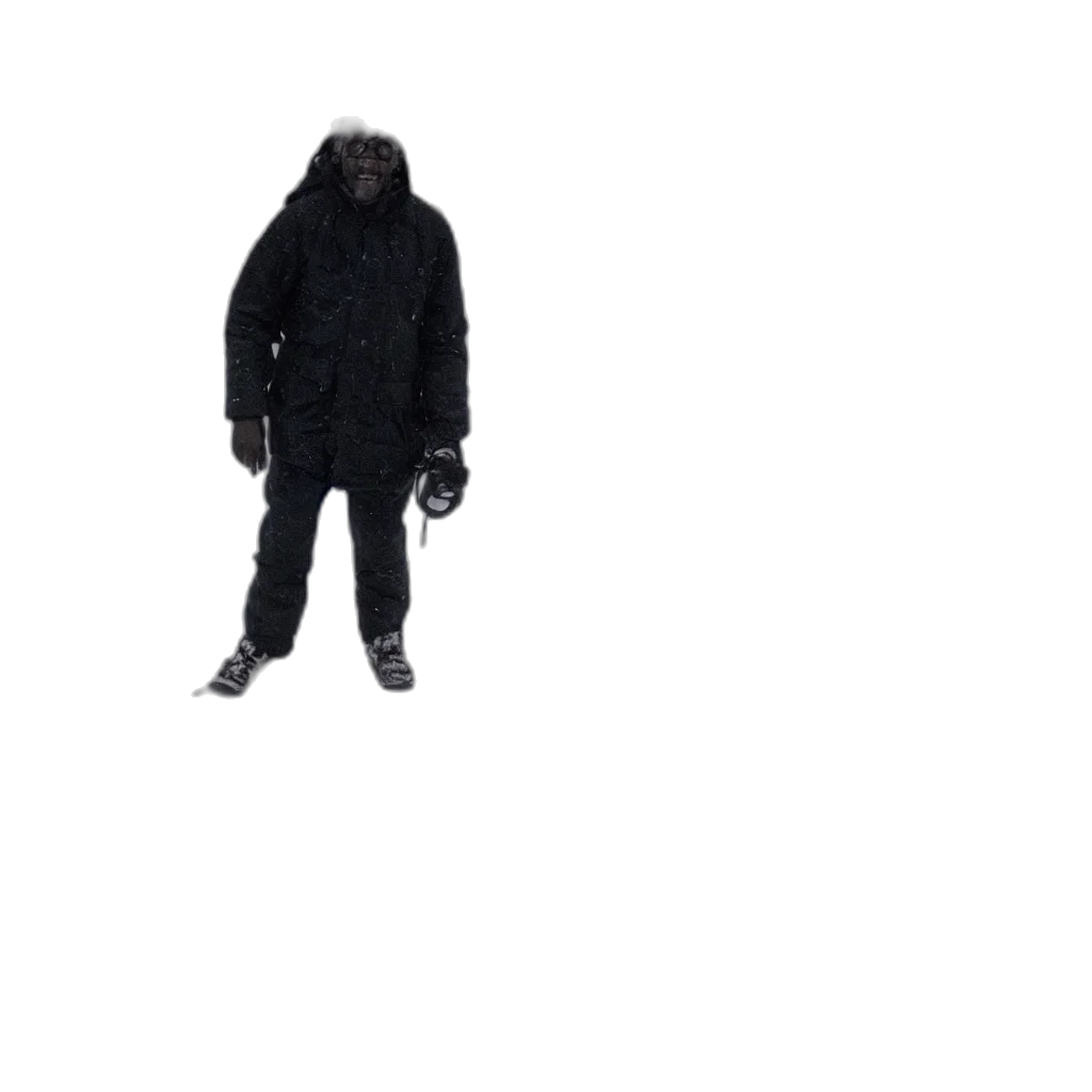 jacket, creature, mask, staff transparent PNG cut-out