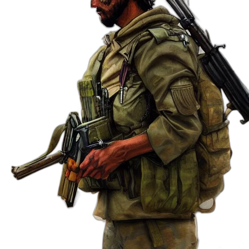 weapon, jacket, staff, face transparent PNG cut-out