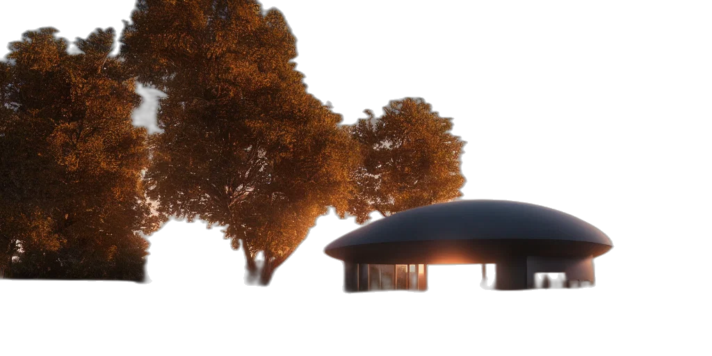 building, tree, 3d render, concept art transparent PNG cut-out