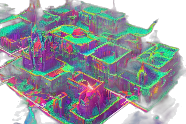 building, 3d render, concept art, vaporwave transparent PNG cut-out