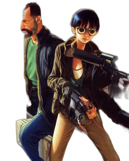 jacket, weapon, cyberpunk, comic book art transparent PNG cut-out