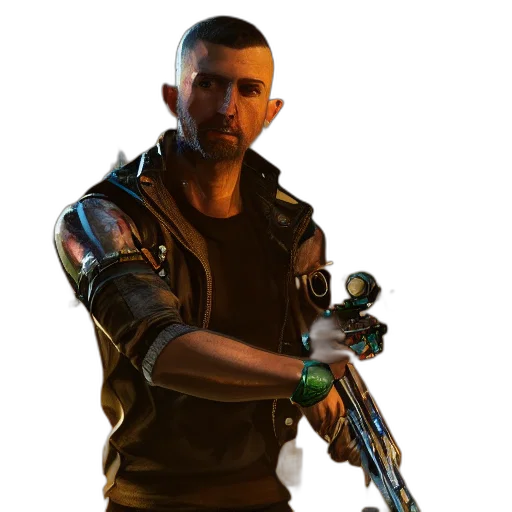 weapon, staff, jacket, face transparent PNG cut-out