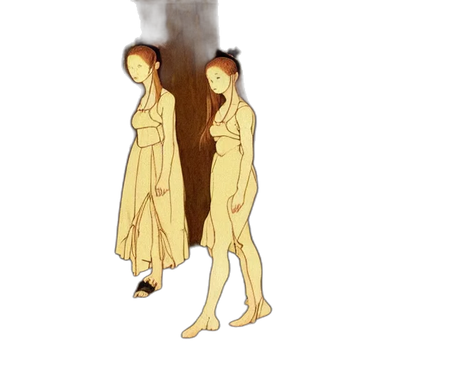 dress, jacket, hair, staff transparent PNG cut-out