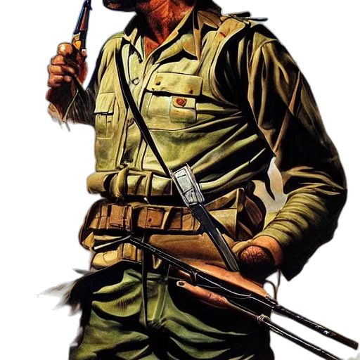 weapon, jacket, staff, hat transparent PNG cut-out
