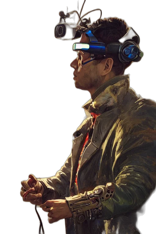jacket, robot, staff, cyberpunk transparent PNG cut-out