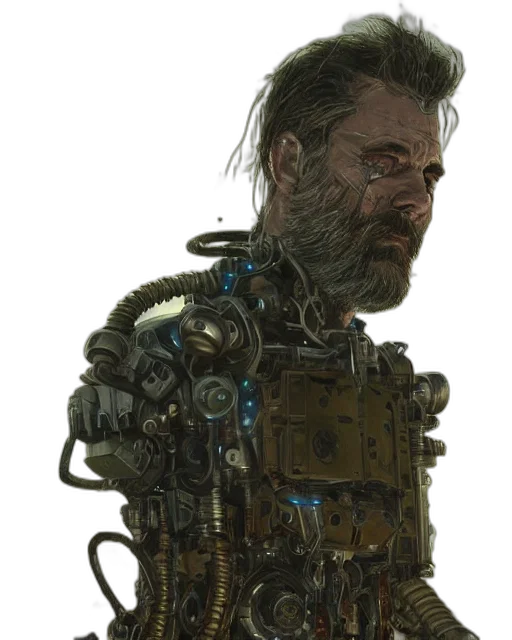 robot, face, jacket, weapon transparent PNG cut-out