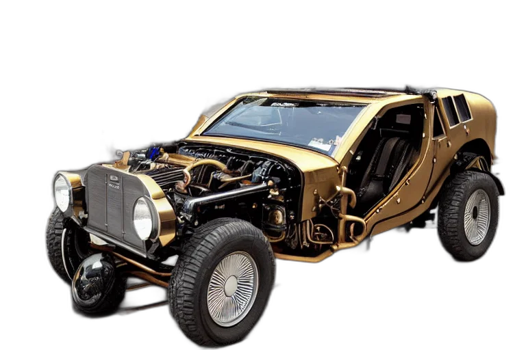 car, 3d render, golden, steampunk transparent PNG cut-out