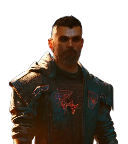 jacket, face, staff, cyberpunk transparent PNG cut-out
