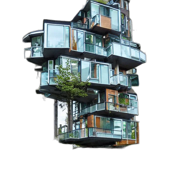 building, tree, 3d render, concept art transparent PNG cut-out