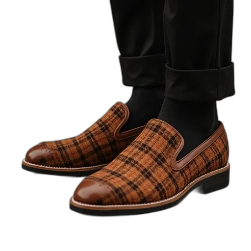 shoes, photorealistic, brown, plaid transparent PNG cut-out