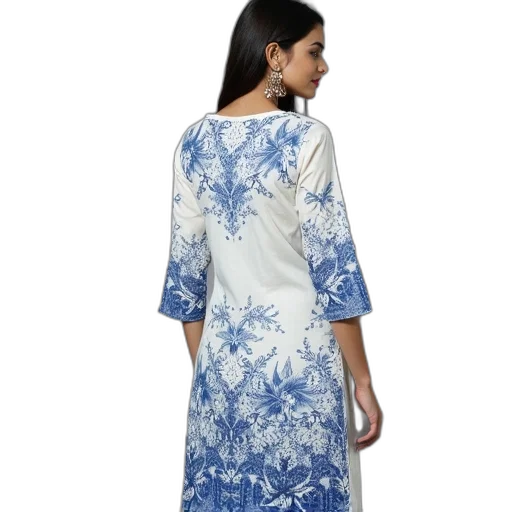 dress, blue, women, printed transparent PNG cut-out
