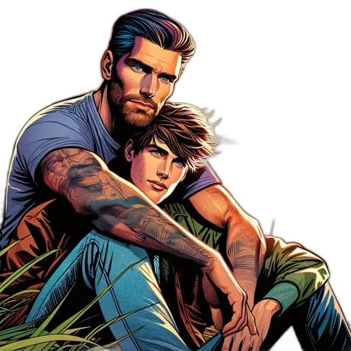 comic book art, concept art, two, males transparent PNG cut-out