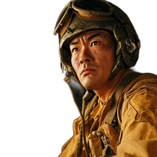 face, staff, jacket, weapon transparent PNG cut-out