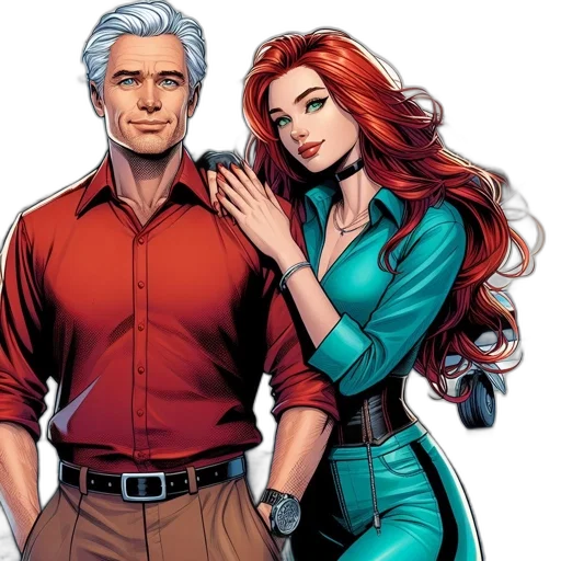 comic book art, two, animated, characters transparent PNG cut-out