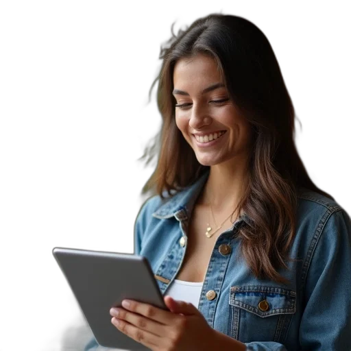 smiling, woman, ipad, text transparent PNG cut-out