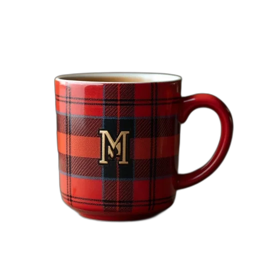 plaid, monogram, coffee, mug transparent PNG cut-out