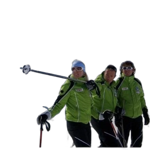 staff, three, skiers, green transparent PNG cut-out