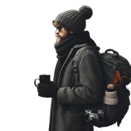 jacket, hat, staff, concept art transparent PNG cut-out