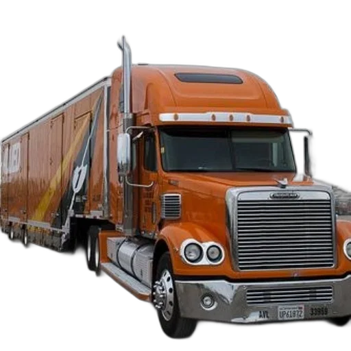 photorealistic, orange, freightliner, semi-truck transparent PNG cut-out