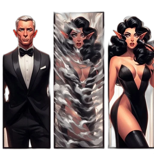 comic book art, concept art, earth tones, three transparent PNG cut-out