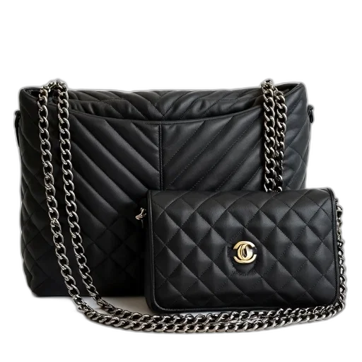 black, quilted, leather, chain transparent PNG cut-out