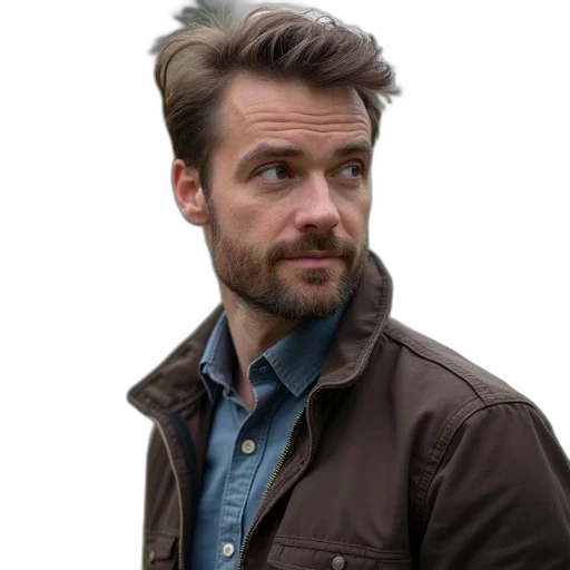 jacket, hair, face, staff transparent PNG cut-out