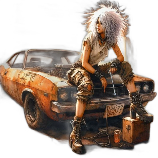 car, weapon, hair, fantasy art transparent PNG cut-out