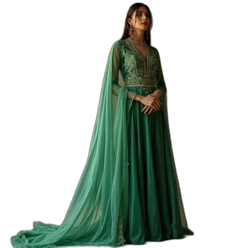 dress, green, silk, embroidery transparent PNG cut-out