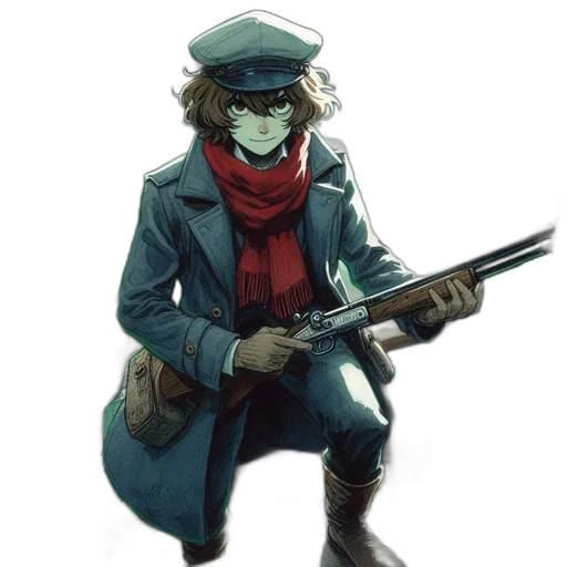 weapon, jacket, staff, hat transparent PNG cut-out