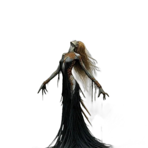 dress, creature, hair, staff transparent PNG cut-out