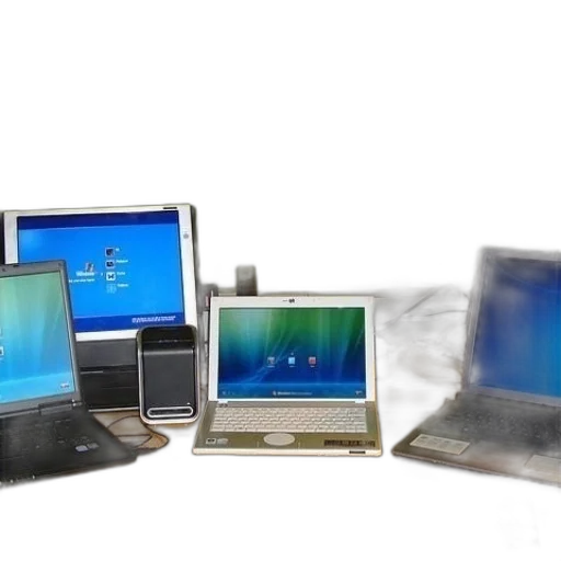 desk, four, laptops, phone transparent PNG cut-out