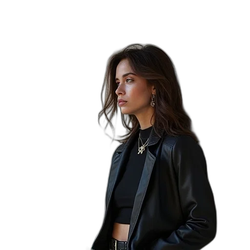 jacket, jewelry, face, hair transparent PNG cut-out